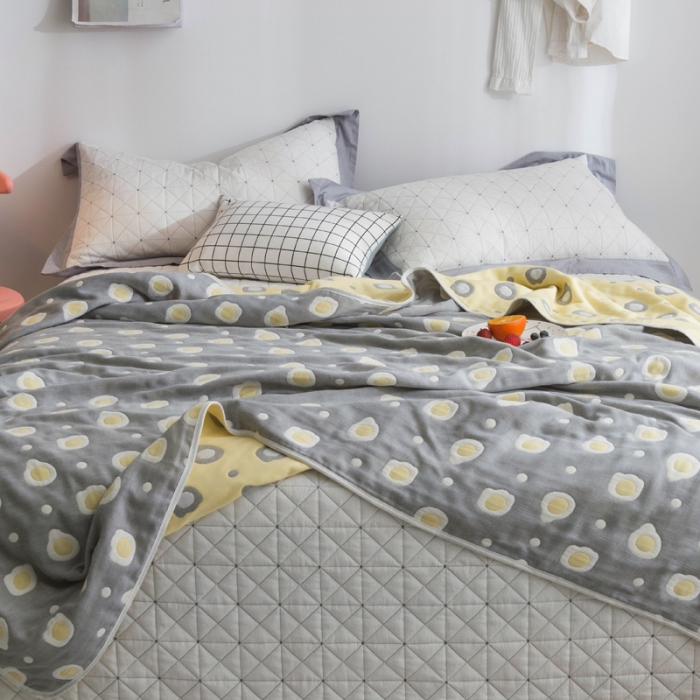 91家纺网 家纺一手货源 找家纺 朴尔 2020新款六层纱布毛巾被 煎蛋-灰