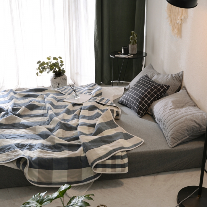 91家纺网 家纺一手货源 找家纺 朴尔 2020新款六层纱布毛巾被 日式大格-蓝