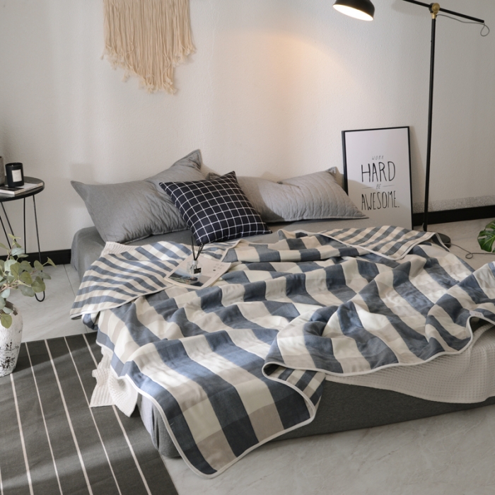 91家纺网 家纺一手货源 找家纺 朴尔 2020新款六层纱布毛巾被 日式大格-蓝