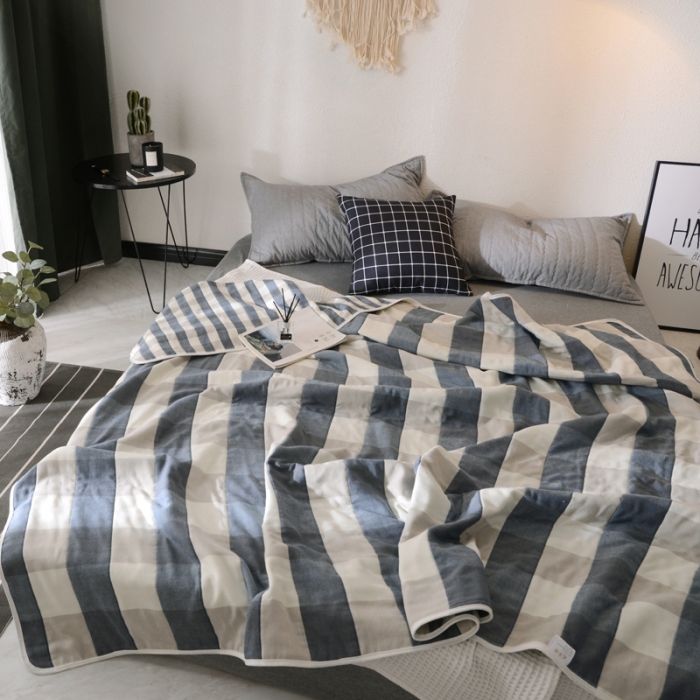 91家纺网 家纺一手货源 找家纺 朴尔 2020新款六层纱布毛巾被 日式大格-蓝