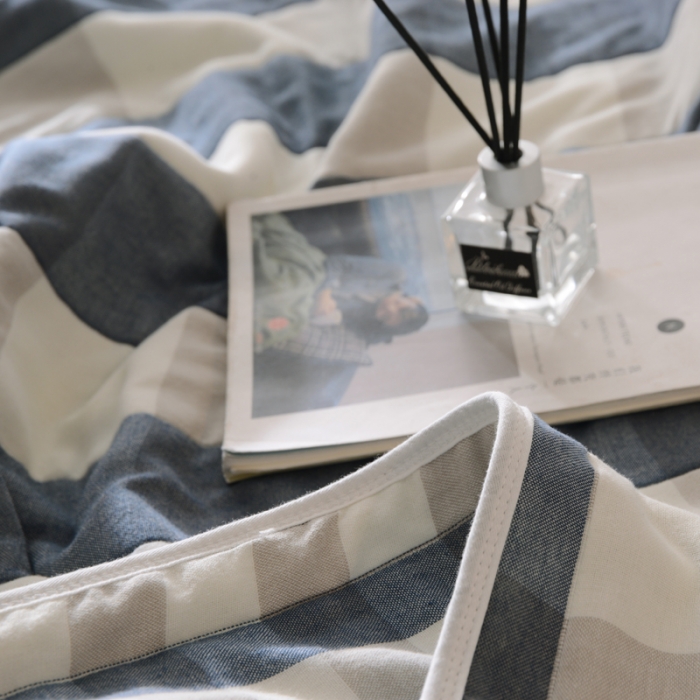 91家纺网 家纺一手货源 找家纺 朴尔 2020新款六层纱布毛巾被 日式大格-蓝