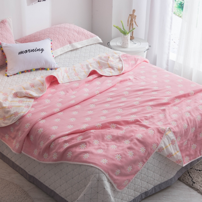 91家纺网 家纺一手货源 找家纺 朴尔 2020新款六层纱布毛巾被 小雏菊-粉