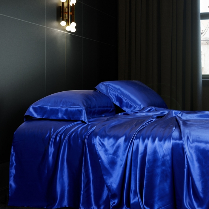 91家纺网 家纺一手货源 找家纺 威克凯丽 2021新款素色真丝四件套 宝蓝