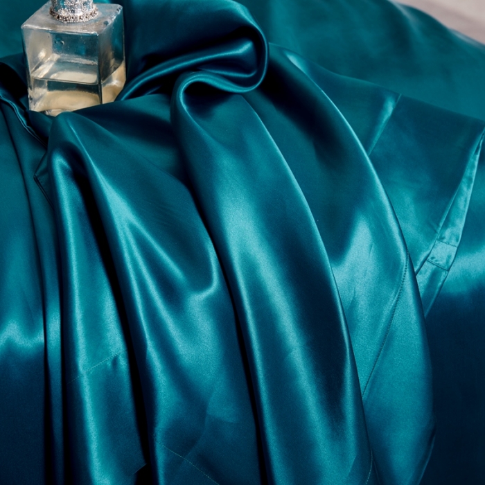 91家纺网 家纺一手货源 找家纺 威克凯丽 2021新款素色真丝四件套 孔雀蓝