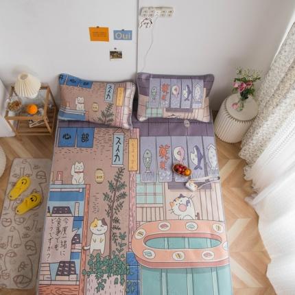 91家纺网 家纺一手货源 找家纺 同田家纺 网供2020新款数码大版印花卡通二次元冰丝三明治凉席 猫咪之家