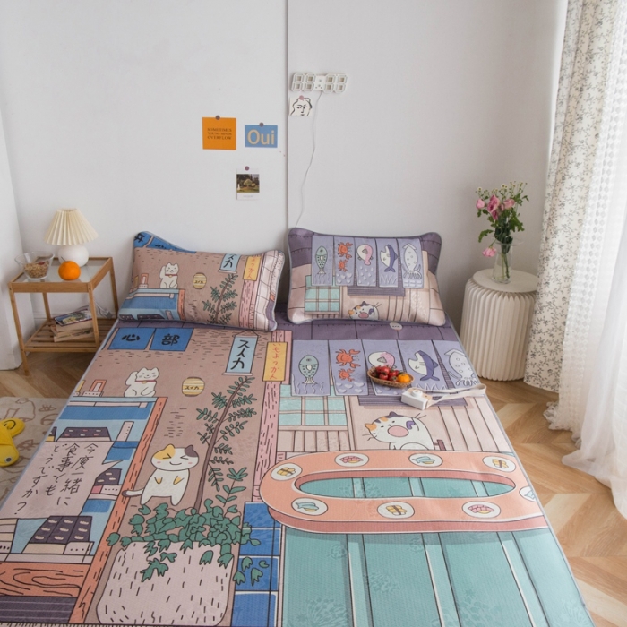 91家纺网 家纺一手货源 找家纺 同田家纺 网供2020新款数码大版印花卡通二次元冰丝三明治凉席 猫咪之家