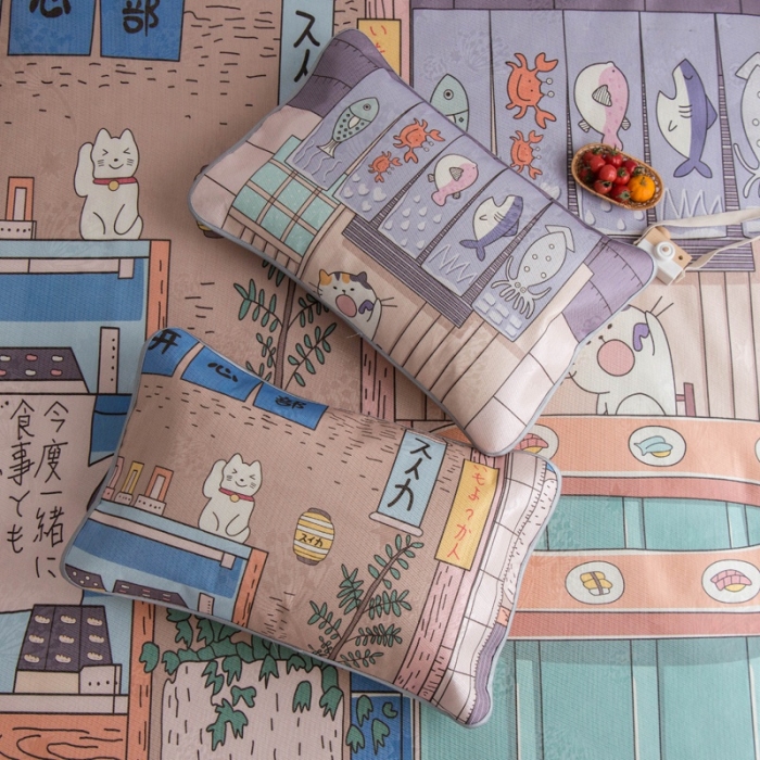 91家纺网 家纺一手货源 找家纺 同田家纺 网供2020新款数码大版印花卡通二次元冰丝三明治凉席 猫咪之家