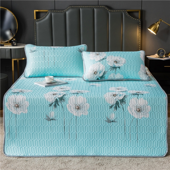 91家纺网 家纺一手货源 找家纺 威克凯丽 2021新款凉感丝印花乳胶凉席 白海棠-蓝