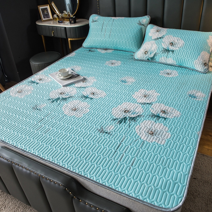 91家纺网 家纺一手货源 找家纺 威克凯丽 2021新款凉感丝印花乳胶凉席 白海棠-蓝