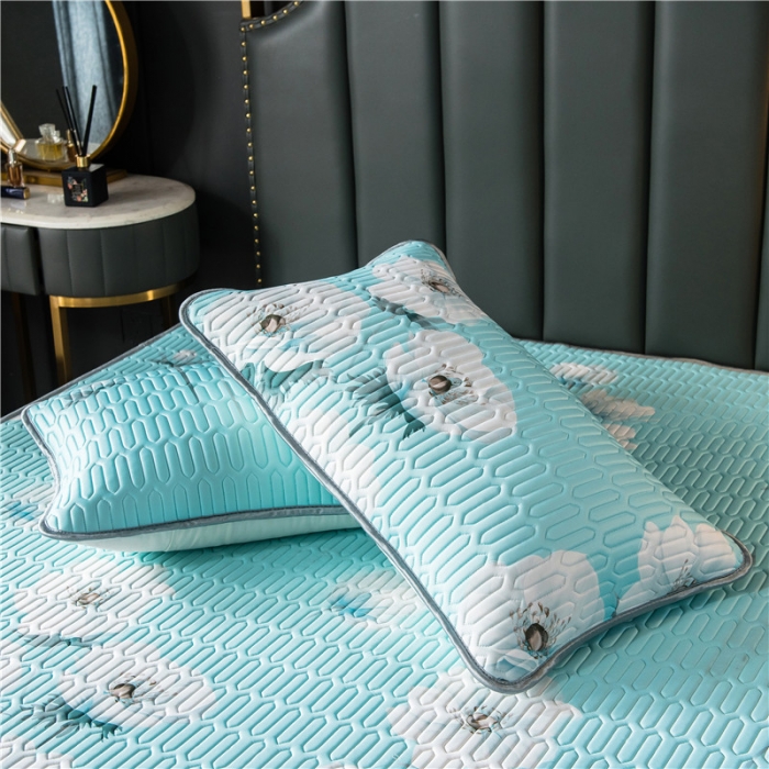 91家纺网 家纺一手货源 找家纺 威克凯丽 2021新款凉感丝印花乳胶凉席 白海棠-蓝