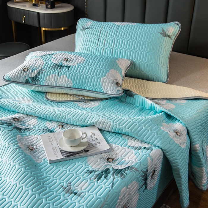 91家纺网 家纺一手货源 找家纺 威克凯丽 2021新款凉感丝印花乳胶凉席 白海棠-蓝