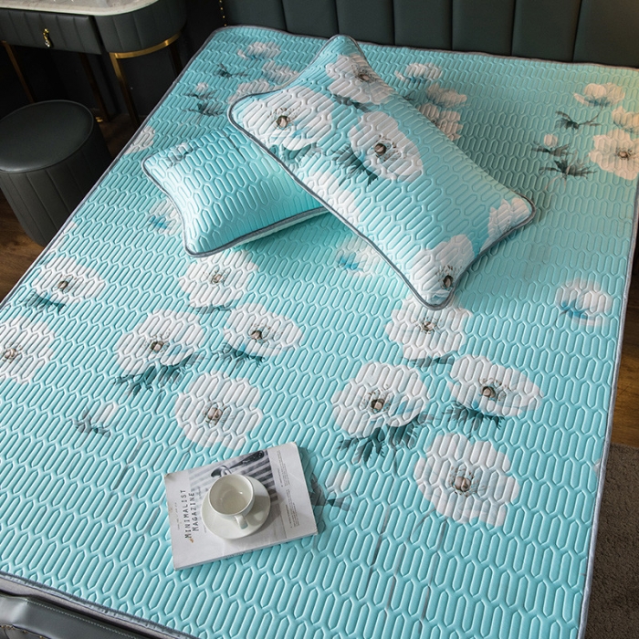 91家纺网 家纺一手货源 找家纺 威克凯丽 2021新款凉感丝印花乳胶凉席 白海棠-蓝