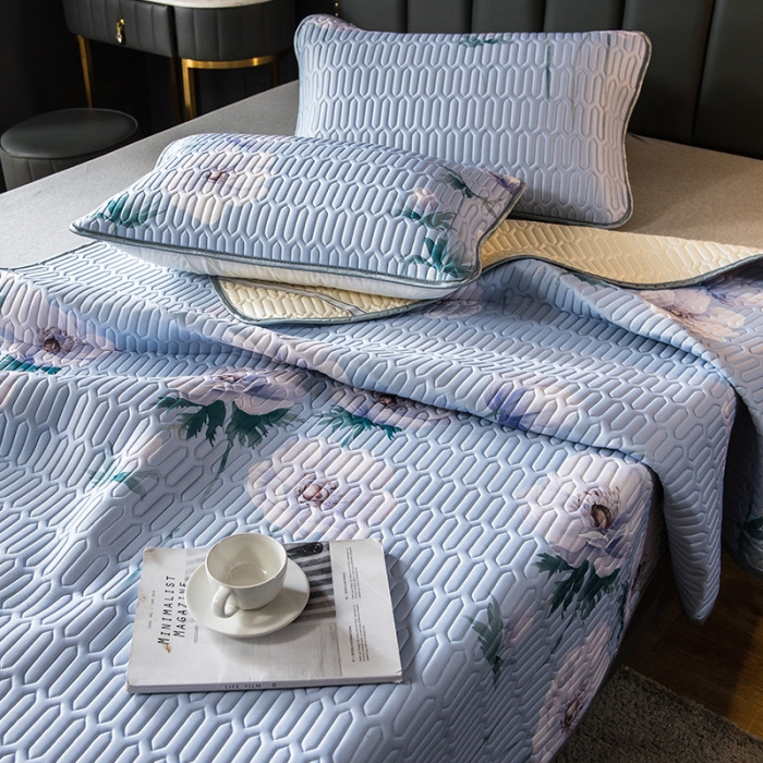 91家纺网 家纺一手货源 找家纺 威克凯丽 2021新款凉感丝印花乳胶凉席 白海棠-紫