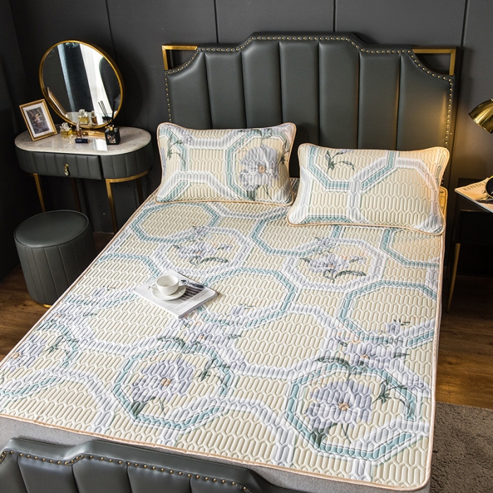 91家纺网 家纺一手货源 找家纺 威克凯丽 2021新款凉感丝印花乳胶凉席 富贵花-黄