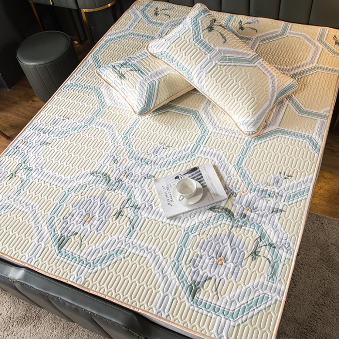 91家纺网 家纺一手货源 找家纺 威克凯丽 2021新款凉感丝印花乳胶凉席 富贵花-黄