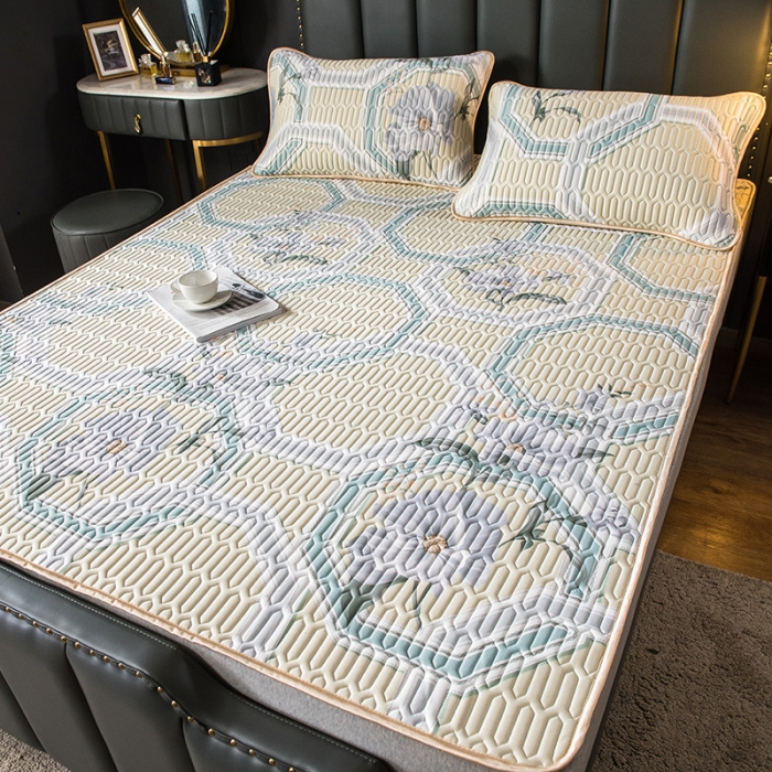 91家纺网 家纺一手货源 找家纺 威克凯丽 2021新款凉感丝印花乳胶凉席 富贵花-黄