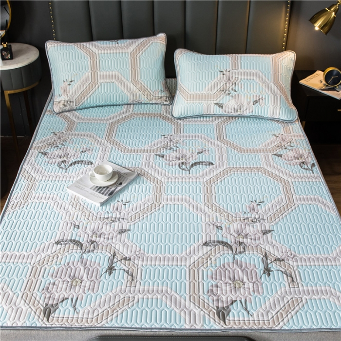 91家纺网 家纺一手货源 找家纺 威克凯丽 2021新款凉感丝印花乳胶凉席 富贵花-蓝