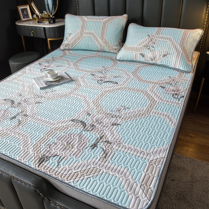 91家纺网 家纺一手货源 找家纺 威克凯丽 2021新款凉感丝印花乳胶凉席 富贵花-蓝