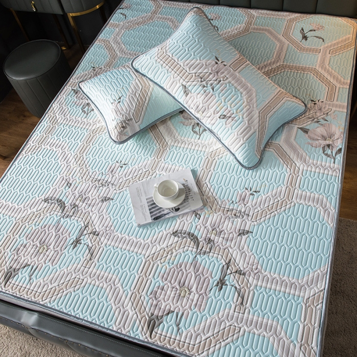 91家纺网 家纺一手货源 找家纺 威克凯丽 2021新款凉感丝印花乳胶凉席 富贵花-蓝