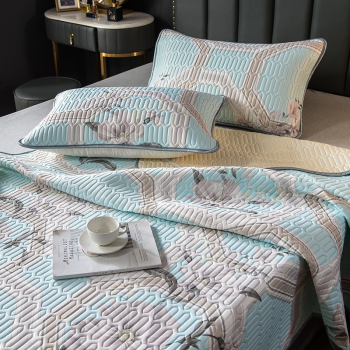 91家纺网 家纺一手货源 找家纺 威克凯丽 2021新款凉感丝印花乳胶凉席 富贵花-蓝