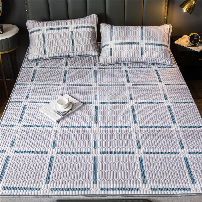 91家纺网 家纺一手货源 找家纺 威克凯丽 2021新款凉感丝印花乳胶凉席 格子-蓝灰