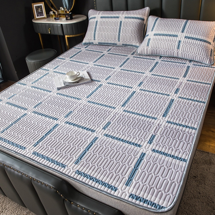 91家纺网 家纺一手货源 找家纺 威克凯丽 2021新款凉感丝印花乳胶凉席 格子-蓝灰