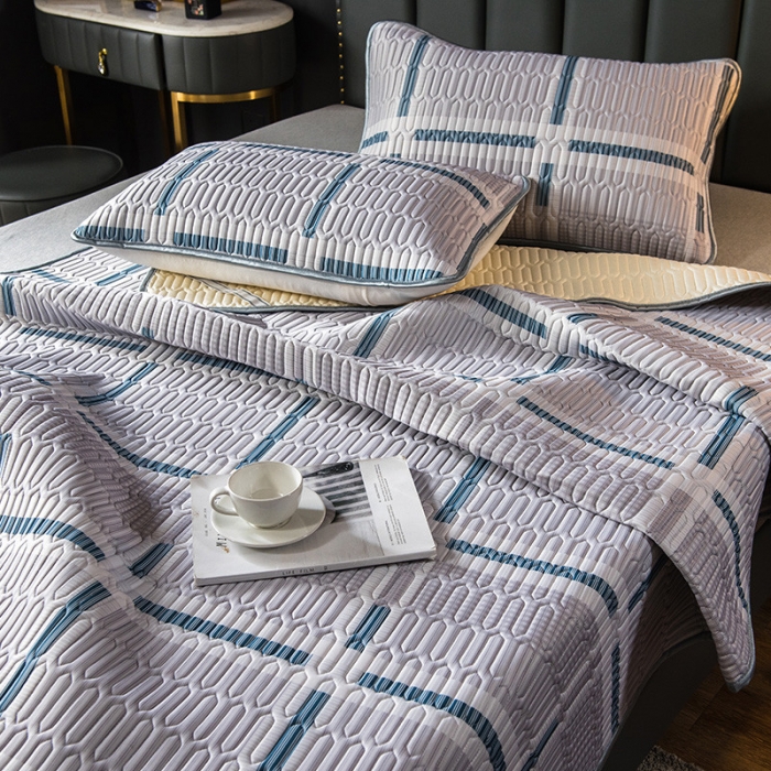 91家纺网 家纺一手货源 找家纺 威克凯丽 2021新款凉感丝印花乳胶凉席 格子-蓝灰