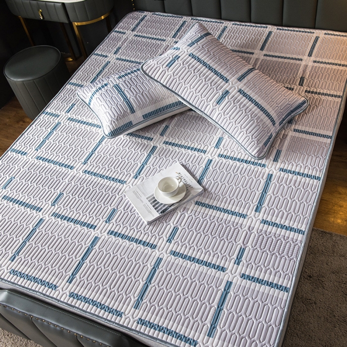91家纺网 家纺一手货源 找家纺 威克凯丽 2021新款凉感丝印花乳胶凉席 格子-蓝灰