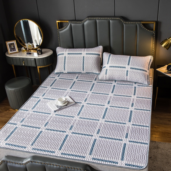 91家纺网 家纺一手货源 找家纺 威克凯丽 2021新款凉感丝印花乳胶凉席 格子-蓝灰