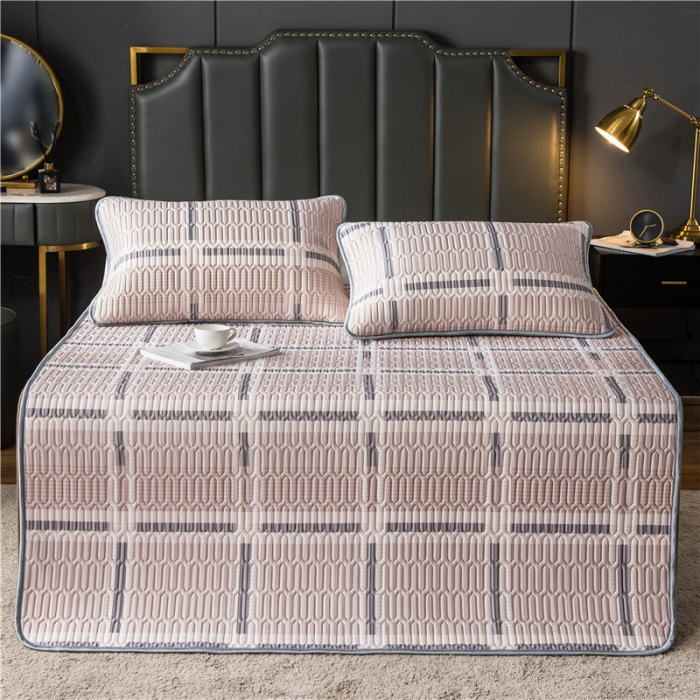 91家纺网 家纺一手货源 找家纺 威克凯丽 2021新款凉感丝印花乳胶凉席 格子-浅粉