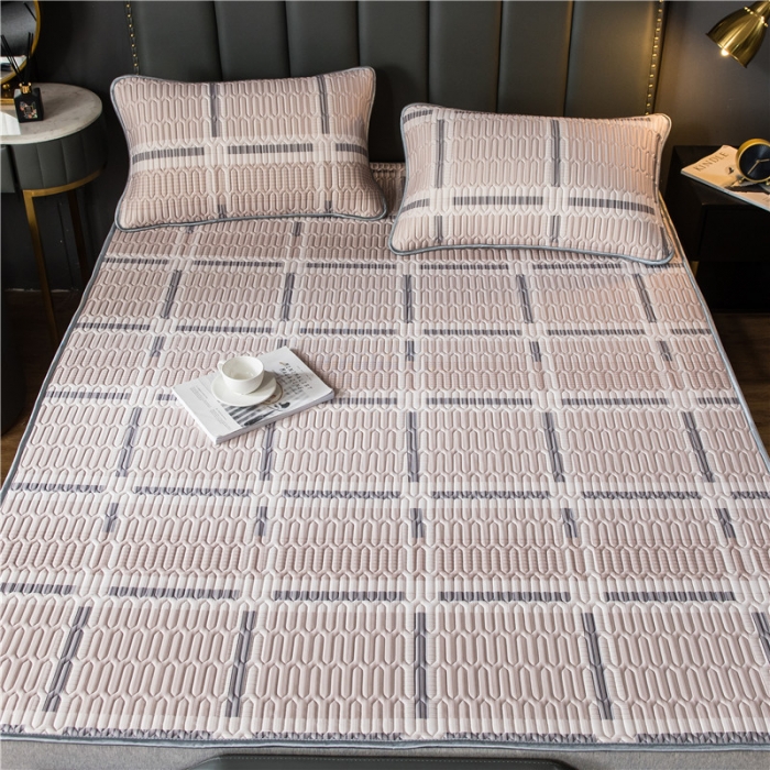 91家纺网 家纺一手货源 找家纺 威克凯丽 2021新款凉感丝印花乳胶凉席 格子-浅粉