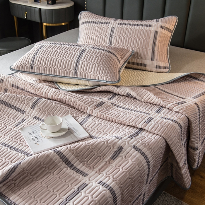 91家纺网 家纺一手货源 找家纺 威克凯丽 2021新款凉感丝印花乳胶凉席 格子-浅粉