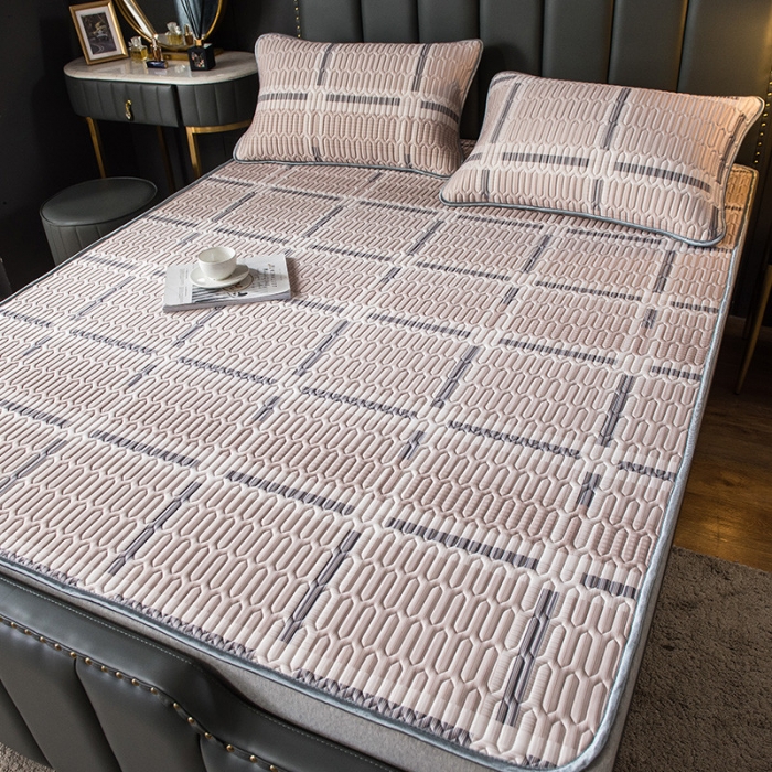 91家纺网 家纺一手货源 找家纺 威克凯丽 2021新款凉感丝印花乳胶凉席 格子-浅粉