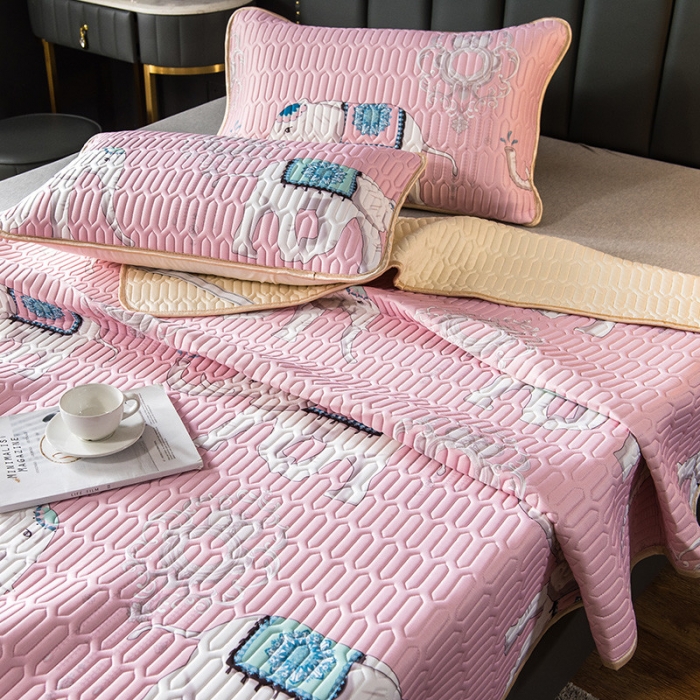 91家纺网 家纺一手货源 找家纺 威克凯丽 2021新款凉感丝印花乳胶凉席 吉象-粉