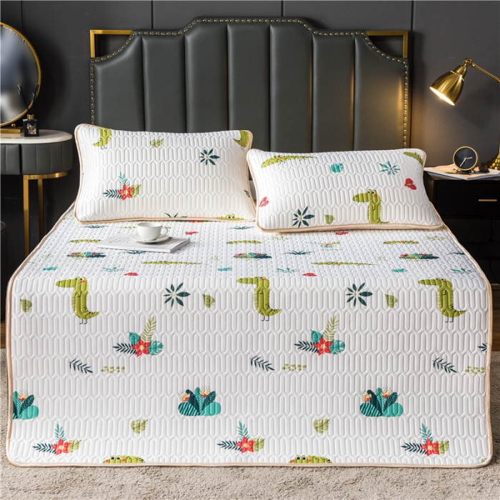 91家纺网 家纺一手货源 找家纺 威克凯丽 2021新款凉感丝印花乳胶凉席 绿恐龙