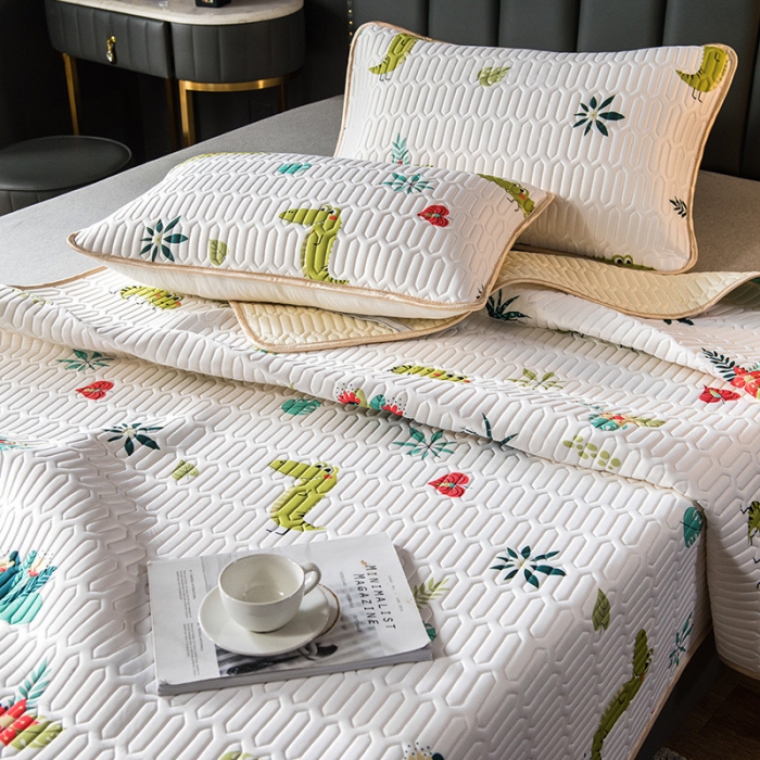 91家纺网 家纺一手货源 找家纺 威克凯丽 2021新款凉感丝印花乳胶凉席 绿恐龙