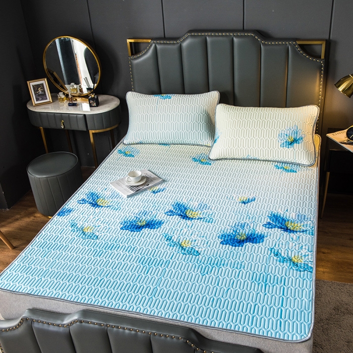 91家纺网 家纺一手货源 找家纺 威克凯丽 2021新款凉感丝印花乳胶凉席 千瓣莲-蓝