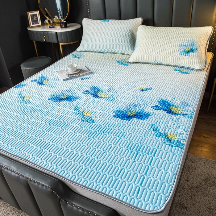 91家纺网 家纺一手货源 找家纺 威克凯丽 2021新款凉感丝印花乳胶凉席 千瓣莲-蓝