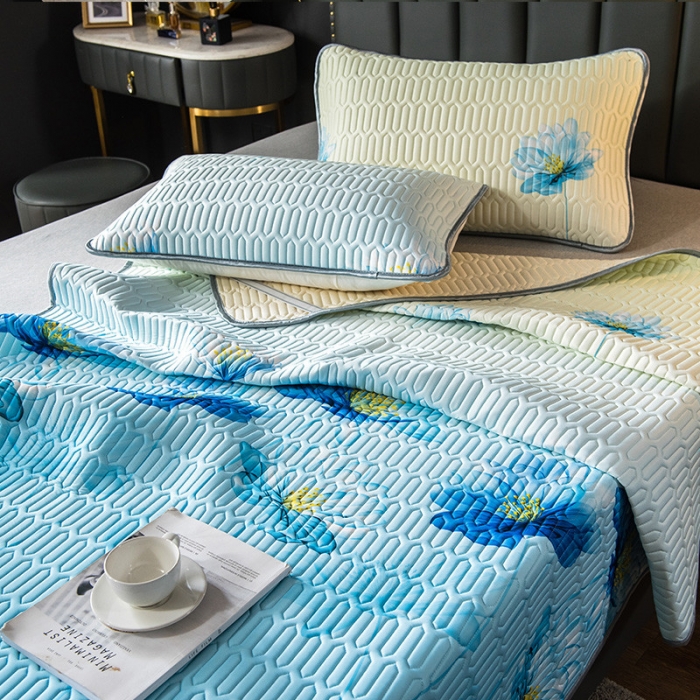 91家纺网 家纺一手货源 找家纺 威克凯丽 2021新款凉感丝印花乳胶凉席 千瓣莲-蓝