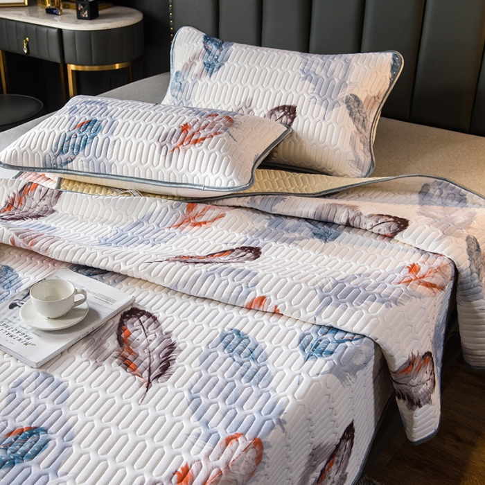 91家纺网 家纺一手货源 找家纺 威克凯丽 2021新款凉感丝印花乳胶凉席 羽翼-白