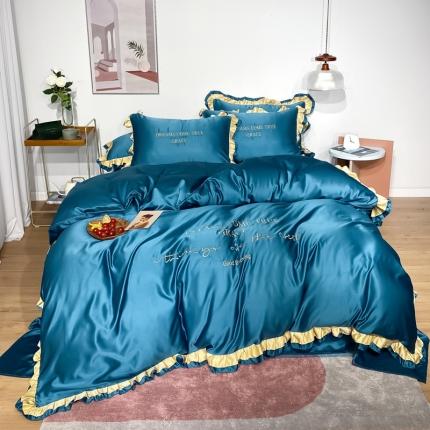 91家纺网 家纺一手货源 找家纺 米奈 2020水洗真丝诺曼四件套 孔雀蓝