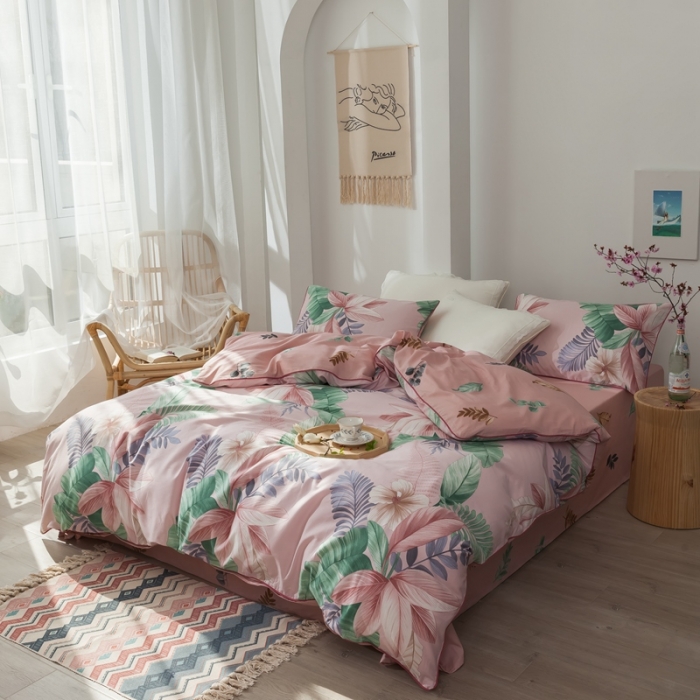 91家纺网 家纺一手货源 找家纺 星期八 2020新款全棉13372浪漫嵌条四件套系列 迷恋-粉