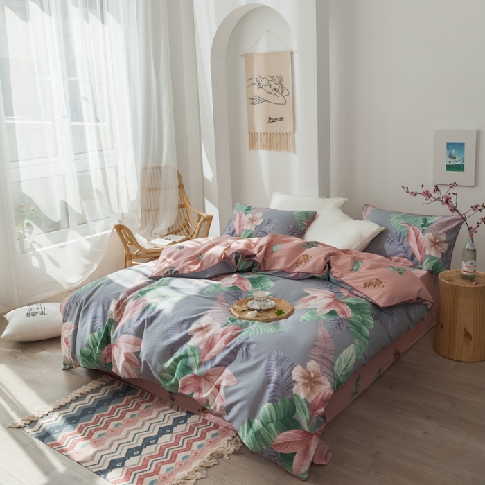 91家纺网 家纺一手货源 找家纺 星期八 2020新款全棉13372浪漫嵌条四件套系列 迷恋-灰