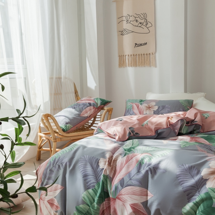 91家纺网 家纺一手货源 找家纺 星期八 2020新款全棉13372浪漫嵌条四件套系列 迷恋-灰