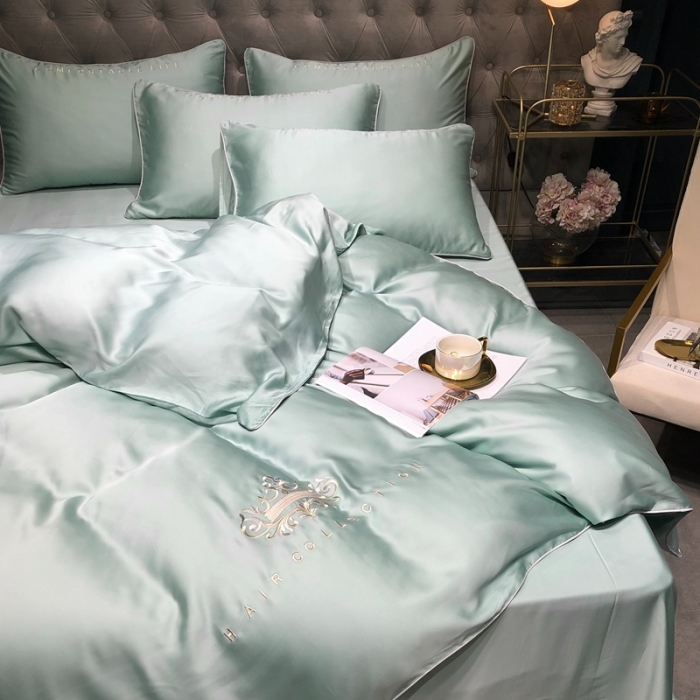 91家纺网 家纺一手货源 找家纺 馨蕊家居 2021新款80S兰精天丝罗拉四件套 绿石