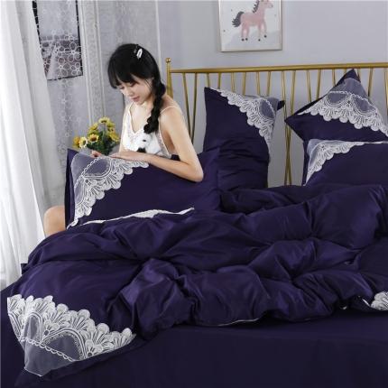 91家纺网 家纺一手货源 找家纺 韩秀家纺 2020新款冰丝蕾丝水洗真丝四件套 蜜恋藏青