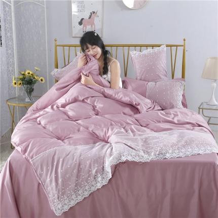 91家纺网 家纺一手货源 找家纺 韩秀家纺 2024新款冰丝蕾丝水洗真丝四件套甜馨-深豆沙