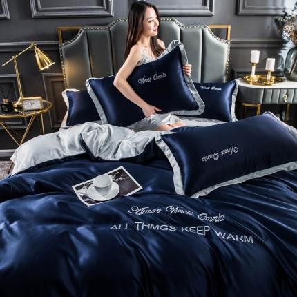 欧冠家纺 2020爆款盛夏水洗真丝四件套 宝蓝+灰