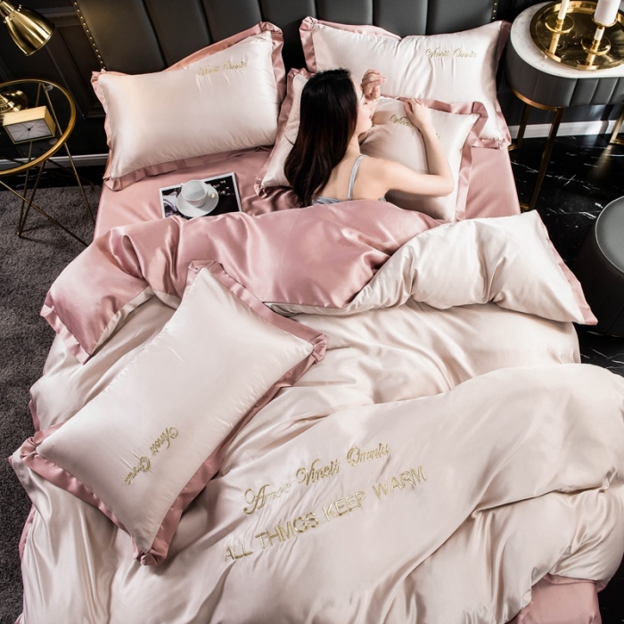 91家纺网 家纺一手货源 找家纺 欧冠家纺 2020爆款盛夏水洗真丝四件套 粉玉香槟