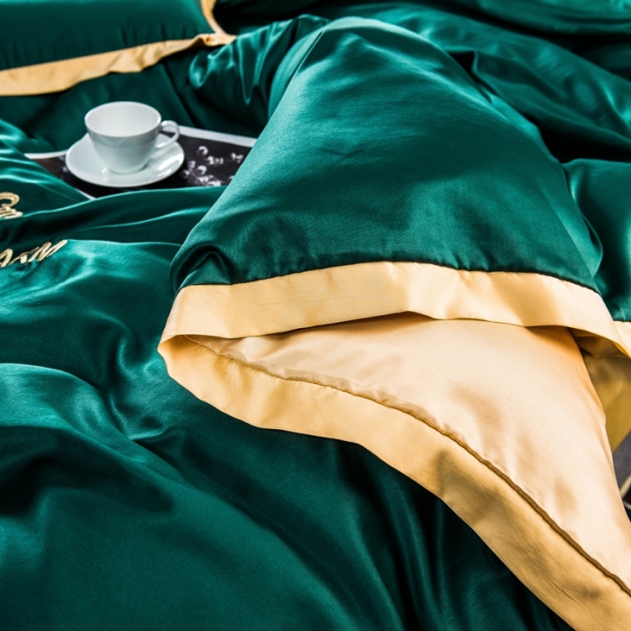 91家纺网 家纺一手货源 找家纺 欧冠家纺 2020爆款盛夏水洗真丝四件套 墨绿+姜黄